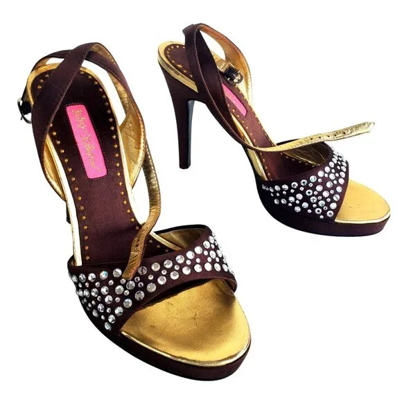 Betsey Johnson Cristie Platform Heels 7 Strappy Rhinestone Brown Gold Open Toe - Picture 9 of 13